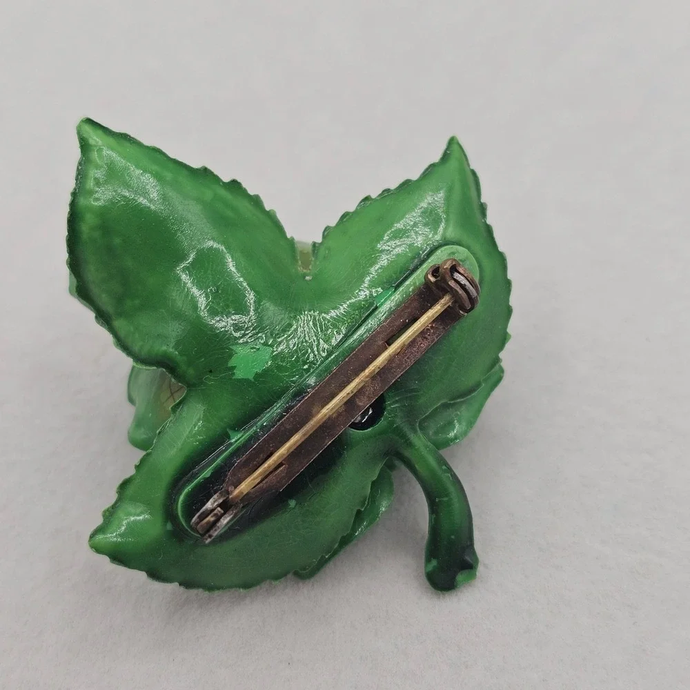 Vintage Green Rose Brooch Floral Leaf Kitschy Mid Century Retro 2 inch Pin